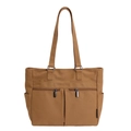 Brown canvas tote bag with front zipper pockets and large capacity for daily use - Caramel color