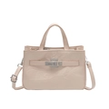 Chic beige textured faux leather handbag with silver turn-lock and adjustable strap - Pink