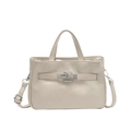 Chic beige crossbody handbag with top handles and silver metal twist lock closure - Purple