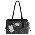 Grey felt polka dot tote bag with cute cartoon patch and white plush bunny charm - With Pendant / Gray