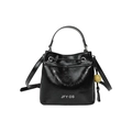 Glossy black bucket handbag with top handle, adjustable strap and decorative pendant charm - Black