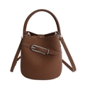 Brown lychee pattern leather bucket bag with silver buckle and detachable shoulder strap - Brown