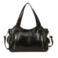 Borsa tote nera lucida retrò con cerniere dorate verticali e manici superiori - Nero