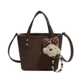 Sac seau rétro en cuir marron café avec poignées et un charmant ours en peluche - Marron