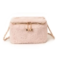 Rosafarbene Plüsch-Box-Tasche mit Doppelreißverschluss und goldenem Würfelanhänger - Groß / Rosa