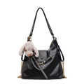 Black leather minimalist tote bag with golden hardware and gray rabbit plush charm - With Rabbit Charm / Black