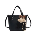 Sac seau noir en cuir avec pendentif animal en peluche et perles pour femme moderne - Noir