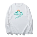 T-shirt bianca a maniche lunghe in cotone con stampa grafica di montagna e tramonto, larga - XL / Bianco