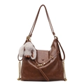 Brown vintage faux leather tote bag with a plush bunny charm and chain detail - With Rabbit Charm / Brown
