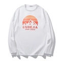 White long-sleeve cotton T-shirt with sunset mountain print and crew neck design - XL / White