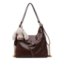 Dark brown faux leather tote bag with gold chain strap and plush rabbit charm accessory - With Rabbit Charm / Coffee