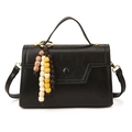 Vintage black crossbody bag with faux oil leather texture and beaded charm - 21*8*15 / Black