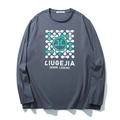 Men's loose long-sleeve cotton T-shirt in dark grey-blue with geometric molecular print - Gray Blue