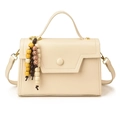 Beige faux leather square handbag with geometric flap and decorative wooden beads - 21*8*15 / White