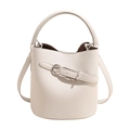 White lychee pattern bucket bag with silver buckle and thin shoulder strap for women - White
