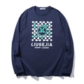 Men's loose long sleeve navy blue t-shirt with geometric print and letter graphic - XL / Navy Blue