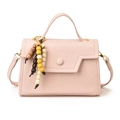 Pink leather crossbody bag with geometric flap and colorful wooden bead keychain - 21*8*15 / Pink