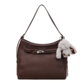 Dark brown leather shoulder bag with lychee texture and cute white rabbit plush charm - With Pendant / Brown