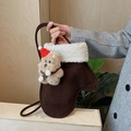 Winter plush puppy boot-shaped handbag in dark brown suede with white faux fur trim - With Pendant / Chocolate