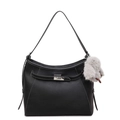 Black pebble leather handbag with silver clasp and a grey fur charm detail - With Pendant / Black
