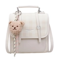 Chic beige crossbody backpack with plaid flap and cute plush bear charm for women - 19cm x 9cm x 19cm / With Plush Bear Pendant / Off White