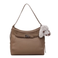 Brown lychee leather tote bag with metal twist lock and cute plush rabbit pendant - With Pendant / Khaki