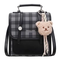 Retro grey plaid backpack for women with black PU leather panel and plush bear charm - 19cm x 9cm x 19cm / With Plush Bear Pendant / Black