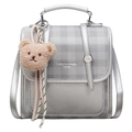 Silver tote bag with grey plaid flap, metallic finish and cute plush bear charm - 19cm x 9cm x 19cm / With Plush Bear Pendant / Silver