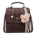 Brown checkered plaid tote backpack with a cute pink bear keychain for women - 19cm x 9cm x 19cm / With Plush Bear Pendant / Brown
