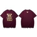T-shirt oversize bordeaux en coton avec imprimé ours en lettres et motif créatif - XL / Bordeaux