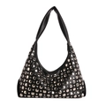 Black leather hobo shoulder bag with silver metallic studs and trendy rock style finish - Black