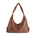 Caramel brown crescent tote bag with silver studs and large capacity for daily commuting - Brown