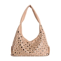Beige matte leather Hobo bag with silver studs and wide handle for women - Khaki
