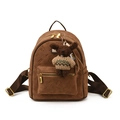 Brown suede textured backpack with embossed kitty pattern and plush bear charm - With Pendant / Brown