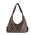Sac hobo vintage en cuir marron foncé avec clous punk argentés et large poignée - Marron