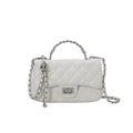 White quilted flap crossbody bag with silver chain strap and metallic handle - White