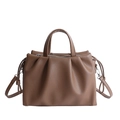 Bolso tote de cuero marrón plisado con dos asas y correa de hombro ajustable extraíble - Caqui