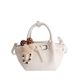 Creamy beige pleated bucket bag with long strap and cute plush puppy keychain - With Charm / White