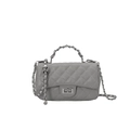 Grey quilted chain crossbody bag with silver skull pendant and pebbled leather texture - Gray