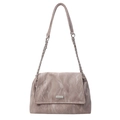 Taupe textured leather tote bag with metal chain strap and brand logo plaque - Gray