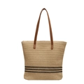 Large woven straw tote bag with black horizontal stripes and brown leather straps - Brown