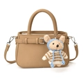 Khaki pebbled leather crossbody bag with decorative strap and bear plush charm - With Charm / Khaki