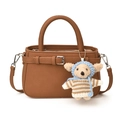 Brown litchi texture crossbody bag with silver buckle and cute koala plush charm - With Charm / Brown
