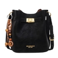 Black leather bucket bag with gold clasp and colorful beaded charm accessory - With Pendant / Black