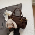 Deep brown matte leather handbag with golden hardware and gray bunny charm - With Pendant / Brown