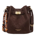Dark brown retro bucket bag with gold hardware and wooden bead tassel in smooth leather - With Pendant / Brown