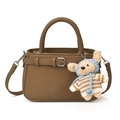 Brown lychee texture handbag with a plush sheep pendant and detachable shoulder strap - With Charm / Gray