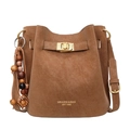 Elegant brown bucket shoulder bag in matte leather with gold lock and beaded tassel - With Pendant / Brown