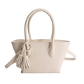 Elegant cream beige leather bucket bag with tassel detail and adjustable strap - White