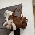 Brown faux leather tote bag with gold hardware and a cute beige plush bunny charm - With Pendant / Brown